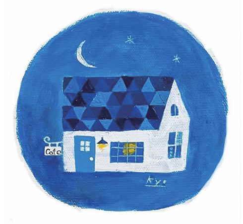 絵本「にゃにゃまがりの喫茶店」の原画作品を中心に、おうちや動物などを描いた色彩豊かな絵画作品展。